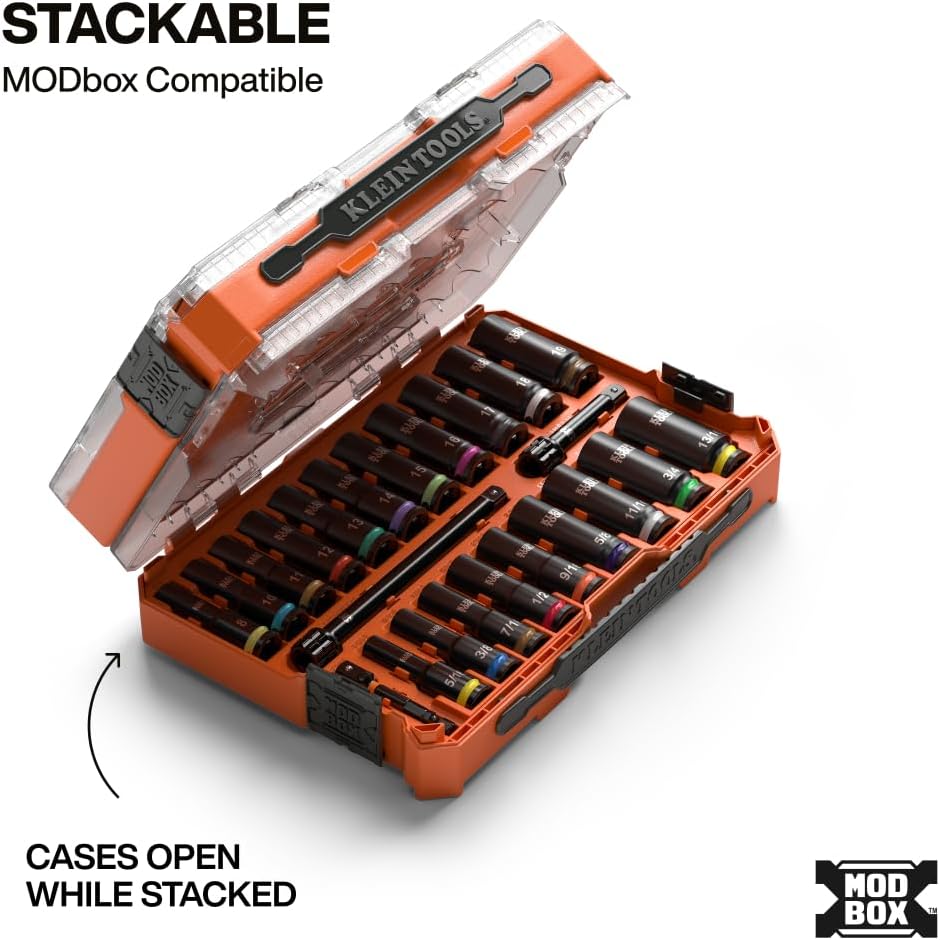 Klein Tools 65121IMPCT KNECT Deep-Well 3/8-Inch Drive Impact Socket Set, SAE and Metric, 23-Piece Tool Set, Impact Driver Adapter, Multi-Purpose Wrench Adapter, Color-Coded, MODbox Socket Organizer