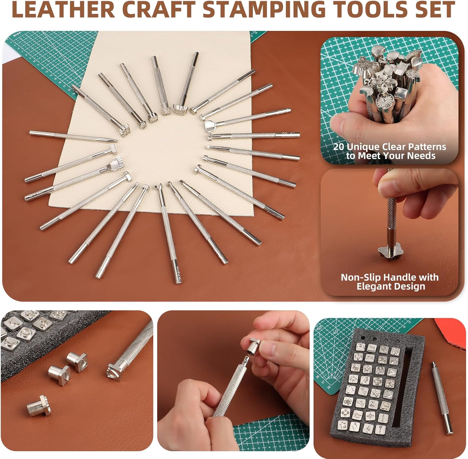 Leather Working Tooling Kit All-in-One Set Leatherworking Crafting Tools with Apron Custom Handbag Cutting Mats Stamping Engraving Punching Sewing Sanding Tools for Leather Making Repair Professional