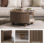 Round Coffee Table with Storage, 31.5" Walnut Fluted Drum Center Table, Mid Century Modern Wood Circle Table with Sliding Door & Bun Feet for Living Room