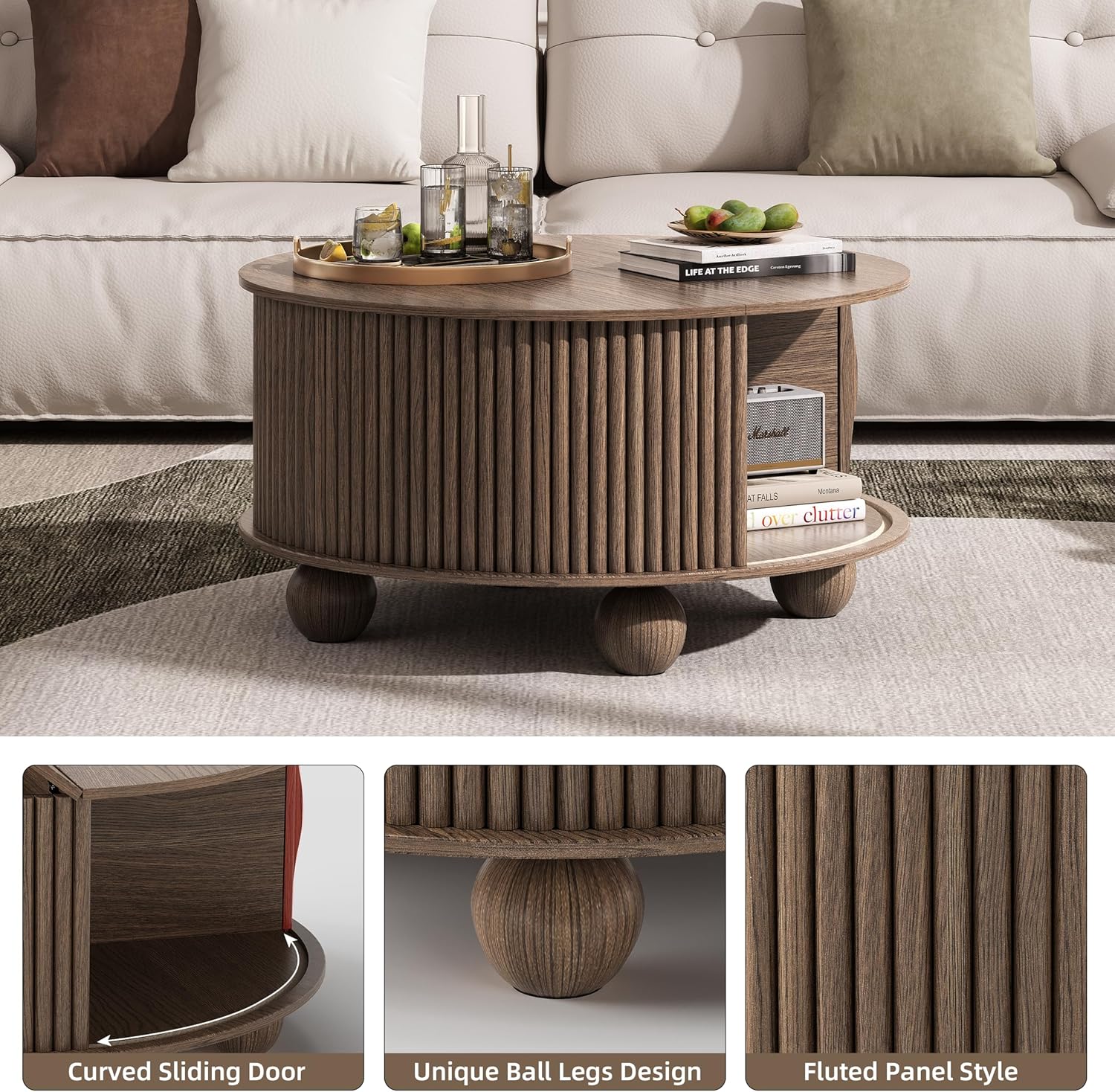 Round Coffee Table with Storage, 31.5" Walnut Fluted Drum Center Table, Mid Century Modern Wood Circle Table with Sliding Door & Bun Feet for Living Room
