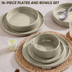 E-far 16-Piece Plates and Bowls Sets - Stoneware Dinnerware Sets with Pasta Bowls for 4 | Microwave & Dishwasher Safe Kitchen Modern Dish Set, Speckled Khaki