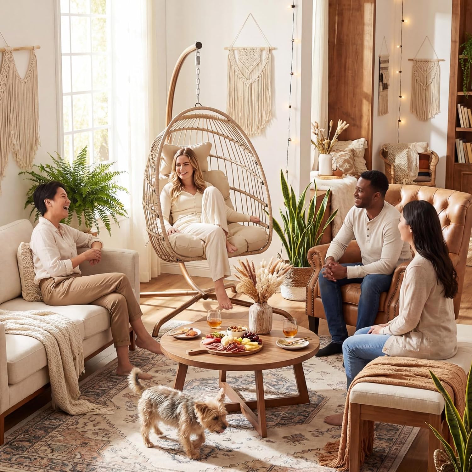 NICESOUL Cozy Hanging Egg Chair with Stand Indoor Outdoor, Wicker Patio Basket Swing Chair with Cushion and Golden Legs, 350lbs Durable Sturdy Egg Hammock Chairs for Deck Balcony Backyard Porch, Cream