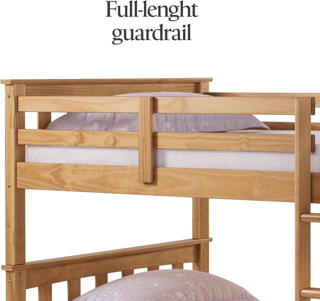 Solid Wood Twin Over Twin Bunk Bed with Ladder and Safety Rails – Durable Pine Wood Kids Bed Frame, Available in White, Grey, and Honey Finishes