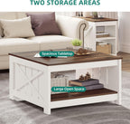 Coffee Table Farmhouse Coffee Table with Storage Rustic Wood Cocktail Table, Square Coffee Tables for Living Meeting Room with Half Open Storage Compartment, Brown with White