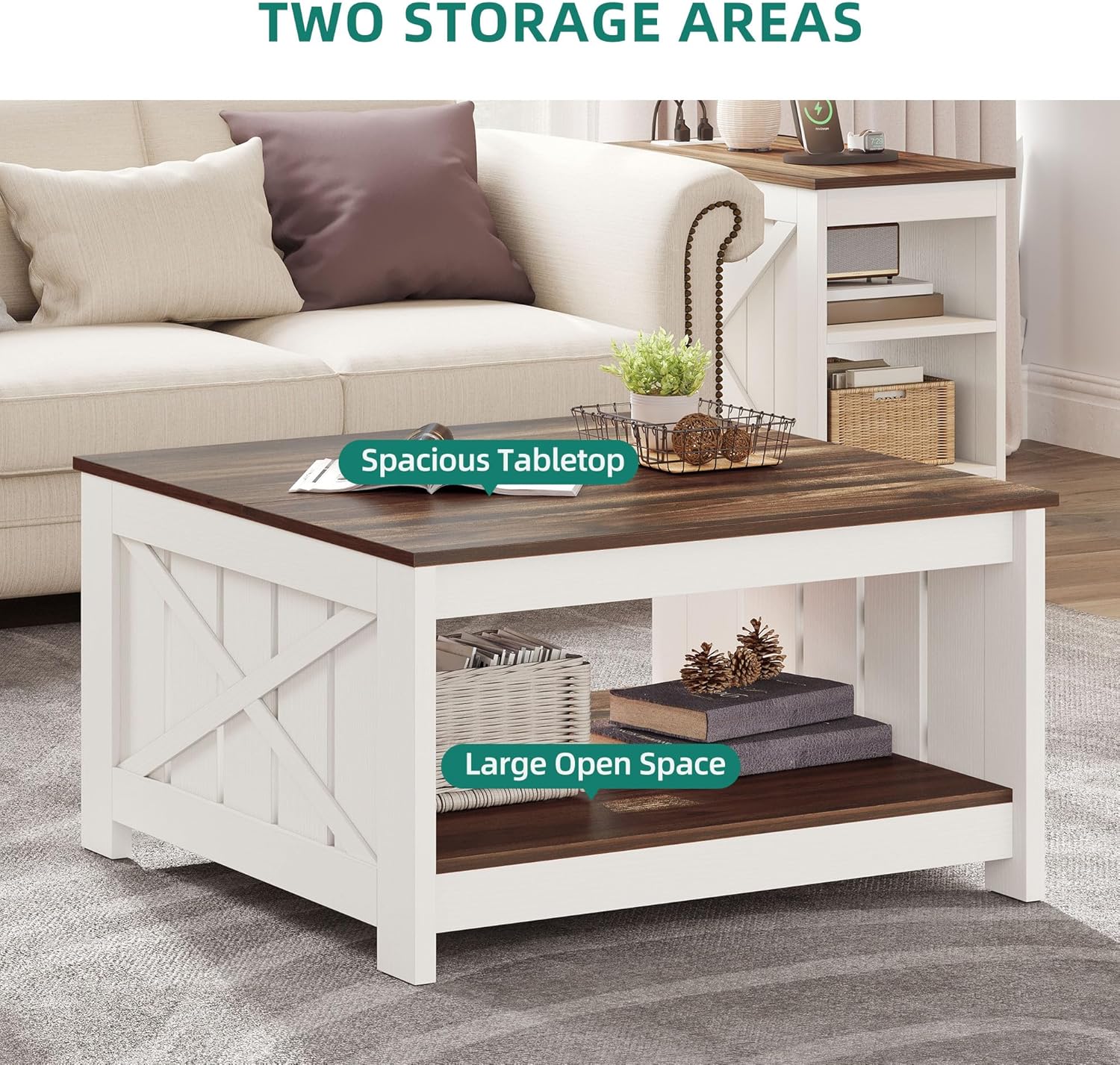 Coffee Table Farmhouse Coffee Table with Storage Rustic Wood Cocktail Table, Square Coffee Tables for Living Meeting Room with Half Open Storage Compartment, Brown with White