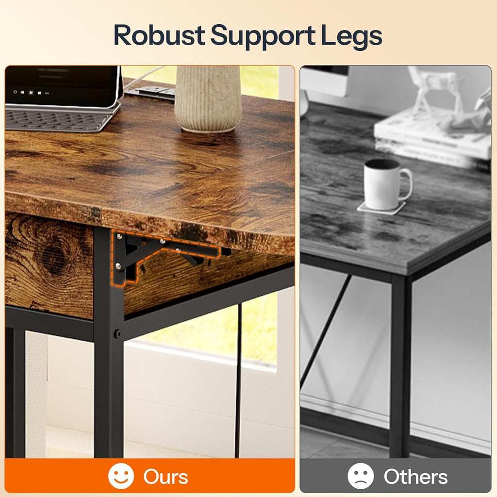 HOOBRO Bar Table, Folding Dining Table, 47.2-Inch Kitchen Table, Drop Leaf Extendabl Table with Outlets, Storage Drawer & Adjustable Feet for Kitchen, Rustic Brown and Black BF126UBT01