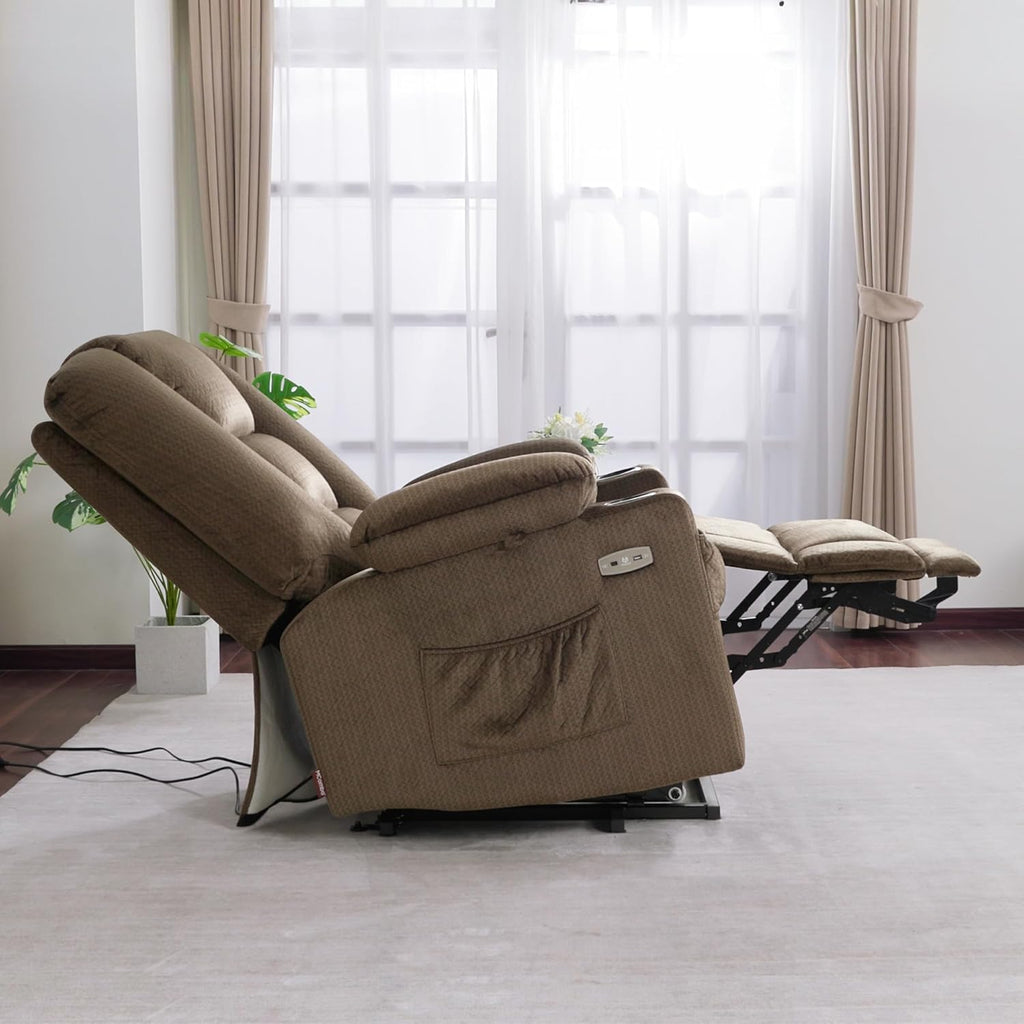 MCombo Large Power Lift Recliner Chair Sofa with Massage and Heat for Big and Tall Elderly People, 3 Positions, Cup Holders, and USB Ports, Fabric 7549 (Large, Brown)