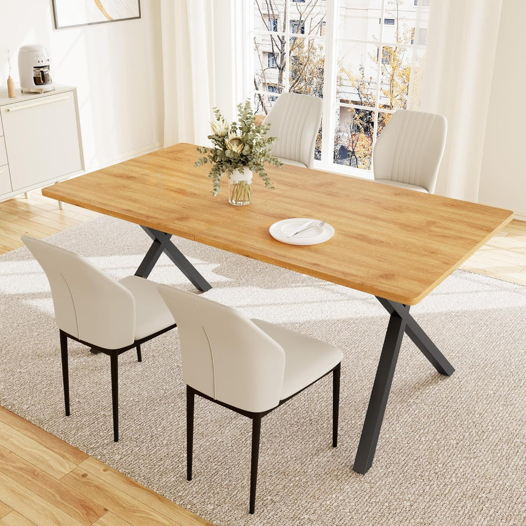 HIPIHOM 5-Piece Dining Table Set for 4-6 People, 63" MDF Kitchen Table with 4 Upholstered Chairs, Metal Legs for Dining Room, Kitchen(Oak Table+4 White Chairs)
