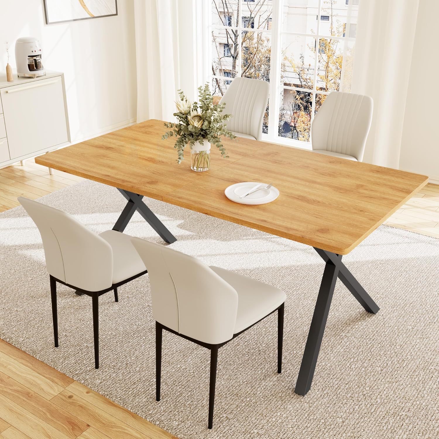 HIPIHOM 5-Piece Dining Table Set for 4-6 People, 63" MDF Kitchen Table with 4 Upholstered Chairs, Metal Legs for Dining Room, Kitchen(Oak Table+4 White Chairs)