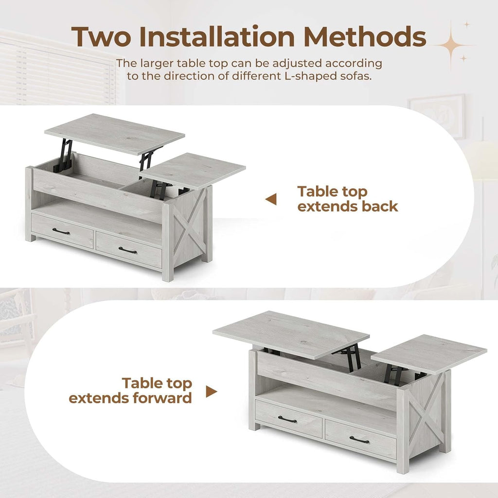 Seventable Coffee Table, 47.2" Lift Top Coffee Table with 2 Storage Drawers and Hidden Compartment, Retro Center Table with Wooden Lift Tabletop for Living Room, Gray