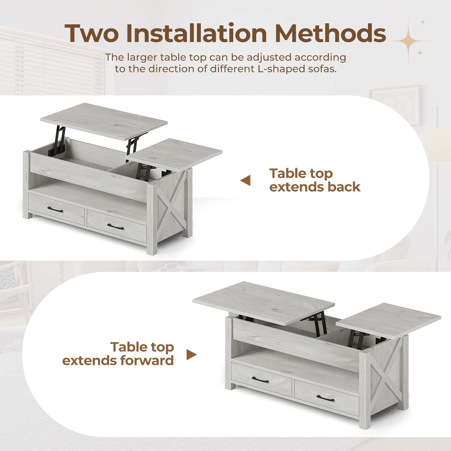 Seventable Coffee Table, 47.2" Lift Top Coffee Table with 2 Storage Drawers and Hidden Compartment, Retro Center Table with Wooden Lift Tabletop for Living Room, Gray