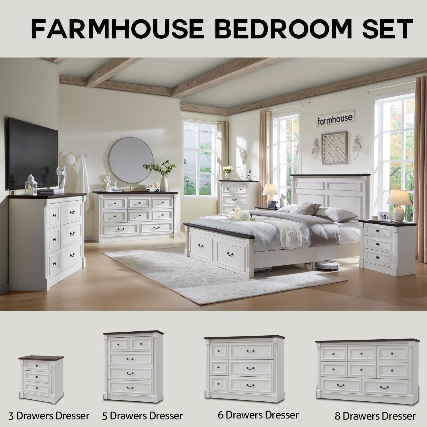 Farmhouse 5 Drawers Dresser for Bedroom, 46" Tall Dressers & Chests of Drawers w/Roman Column, Large Storage Dressers Organizer for Bedroom, Hallway, Living Room, White