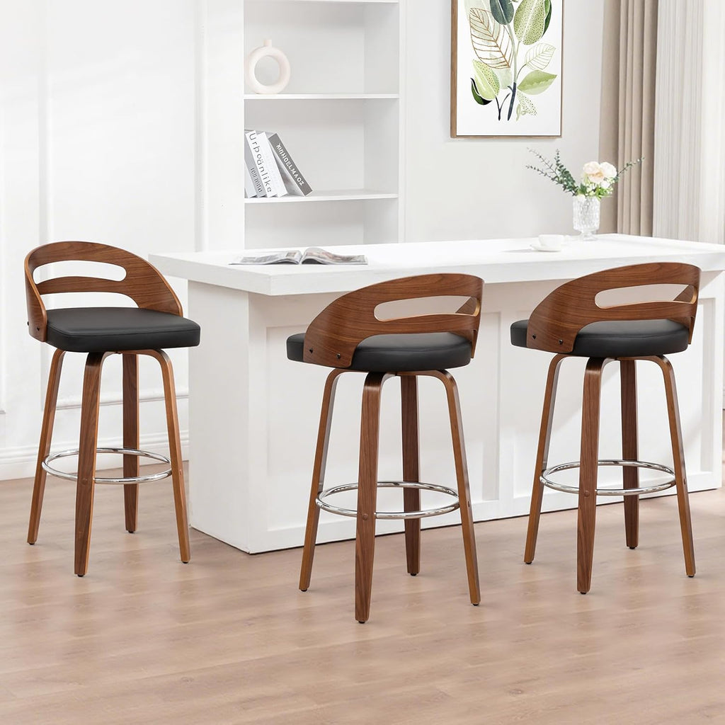 Swivel Bar Stools Set of 3, 30 inch Mid Century Bar Stools with Bentwood Curved Back, Walnut Craftsmanship, Upholstered Faux Leather, Bar Height BarStools for Bar/Cafe/Pub (Black, 30" Seat Height)
