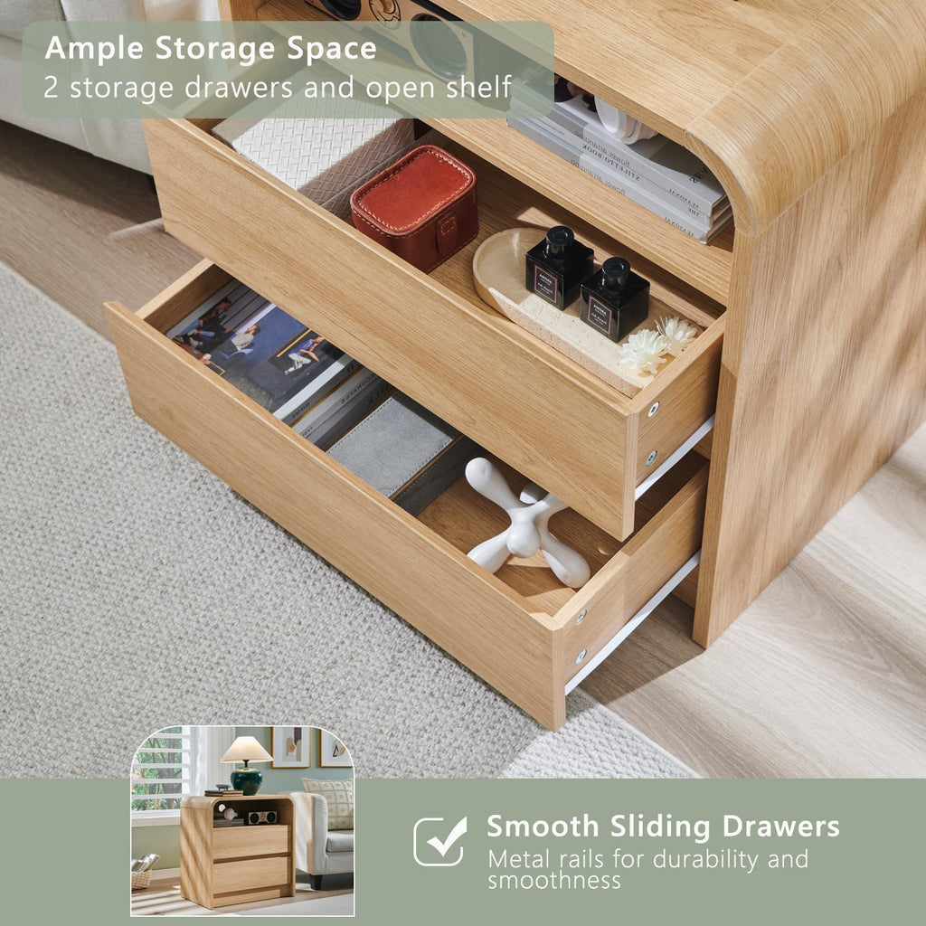25" Tall Modern Nightstand Set of 2, 23.6'' Wide Wood Bedside Table w/2 Storage Drawers, Charging Station, Mid Century End Table for Bedroom, Living Room,Curved Profile Design, Natural Oak | Modern, Set of 2, Bedside Table, 2 Storage Drawers, Chargin