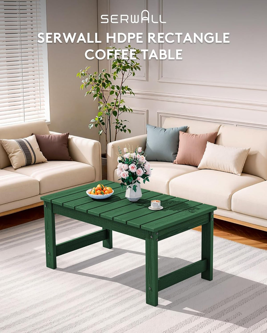 SERWALL Outdoor Coffee Table with 1.69" Umbrella Hole, HDPE Patio Coffee Table for Outside, Rectangle, Green