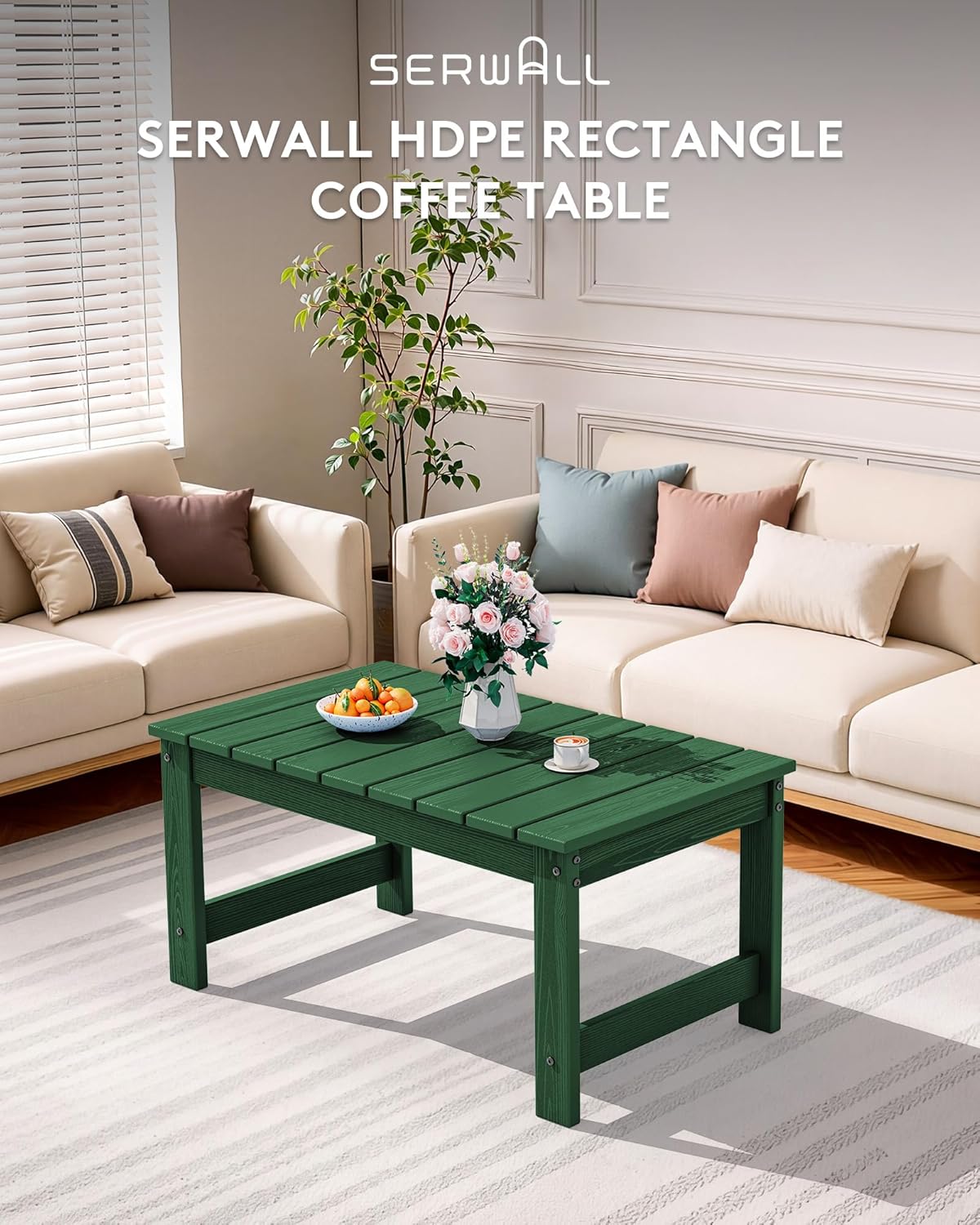 SERWALL Outdoor Coffee Table with 1.69" Umbrella Hole, HDPE Patio Coffee Table for Outside, Rectangle, Green