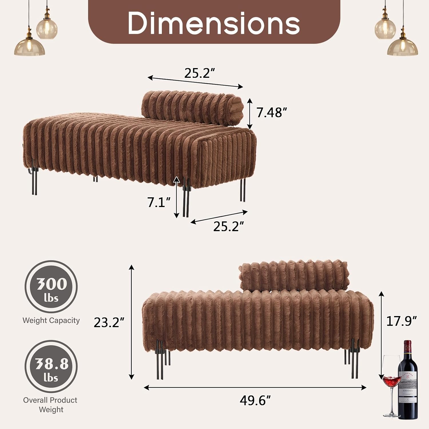NIOIIKIT 49.6" Modern Loveseat Sofa Couch, Upholstered Accent Sofa with Golden Legs and Adjustable Backrest, Small Faux Fur Couches for Bedroom, Living Room, Compact Small Space (Brown)