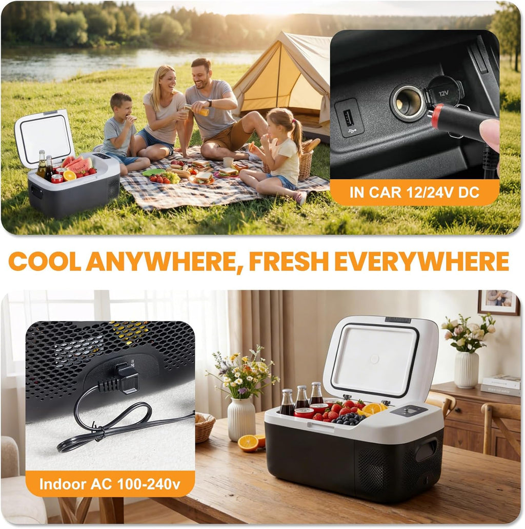 NEWBULIG 12 Volt Car Refrigerator, 17QT Single-Zone Electric Cooler for Vehicles, 12/24V DC & 100-240V AC, -4℉-68℉ Freezer, Bluetooth Control, Battery Protection & Child Lock for Travel, Camping