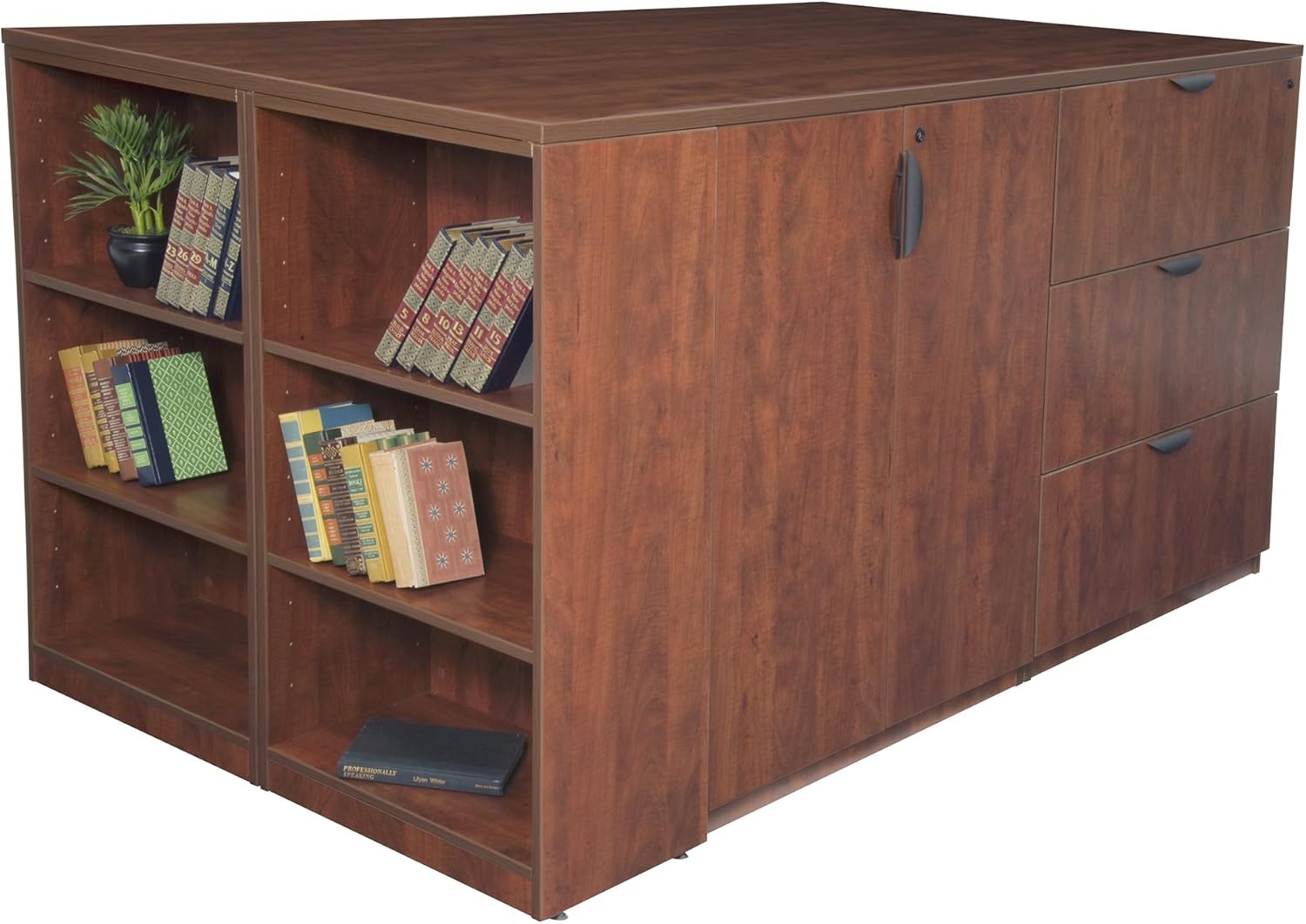 Regency Legacy Stand Up 2 Desk/Storage Cabinet/Lateral File Quad with Bookcase End- Cherry