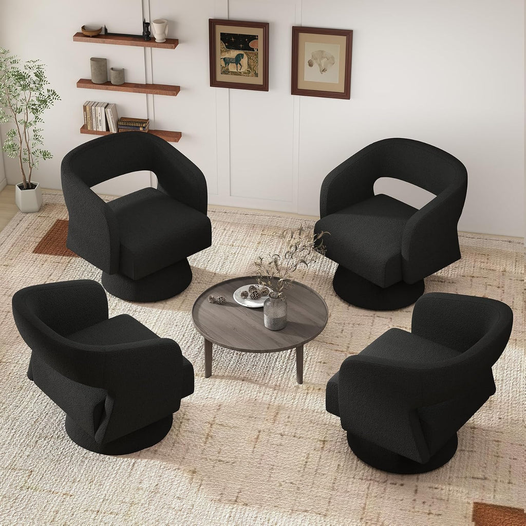 Swivel Accent Chair Set of 2, Modern Comfy Teddy Barrel Chairs, Oversized Upholstered Round Arm Chair for Living Room, Bedroom, Reading Room, Black