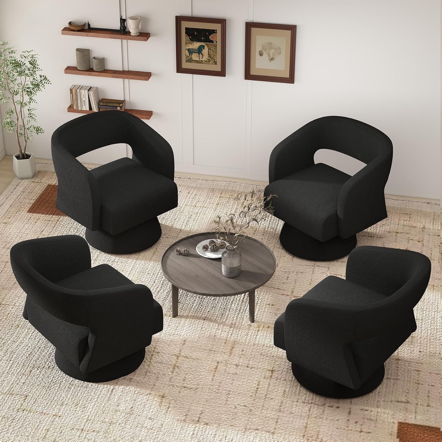 Swivel Accent Chair Set of 2, Modern Comfy Teddy Barrel Chairs, Oversized Upholstered Round Arm Chair for Living Room, Bedroom, Reading Room, Black