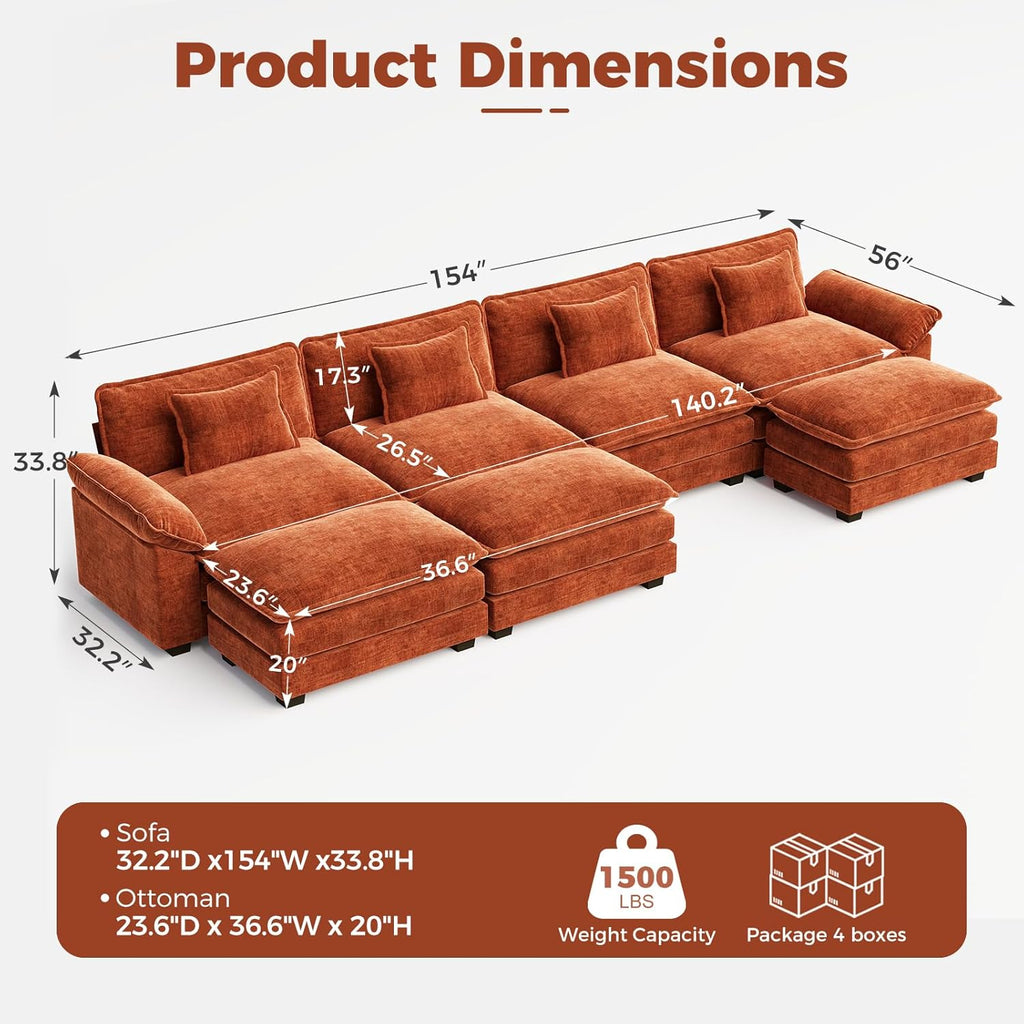 CDCASA 154" Oversized Modular Sectional Sofa, Comfy U-Shaped Cloud Couch w/ 3 Movable Ottomans, 7-Seater Chenille Deep Seat Modern Sofa Couch for Living Room, Terracotta Orange