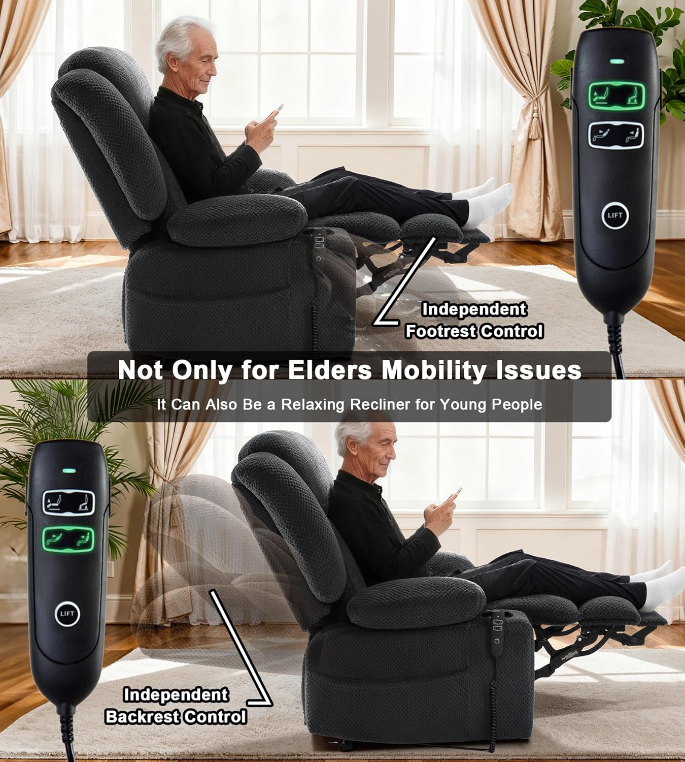 Dual-Motor Power Lift Chair Recliner for Elderly, Plush Fabric Lay Flat Large Lift Recliner with Extended Footrest, Massage and Heat, USB-A & Type C, Cup Holder, Side Pocket, Grey