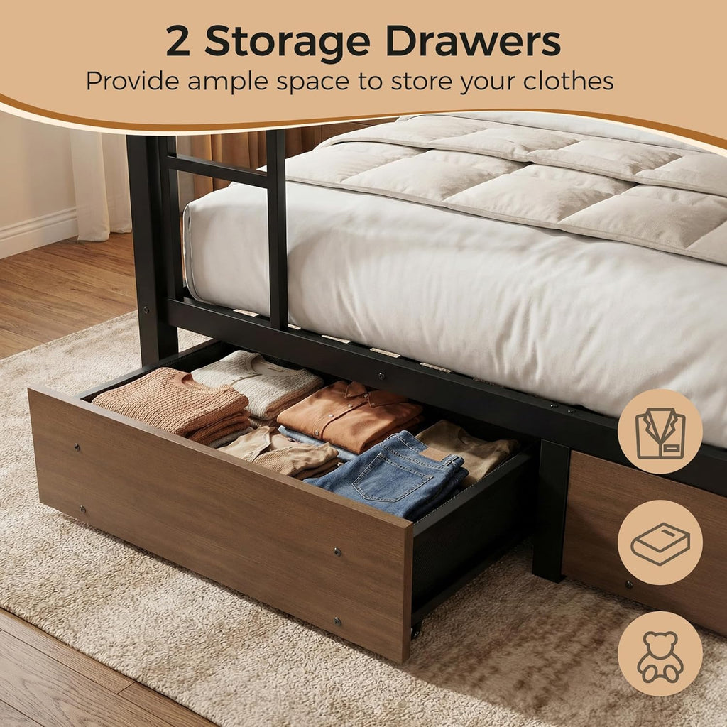 Bunk Bed Twin Over Twin with Stairs, LED Lights, 2 Storage Drawers, USB Charging, Industrial Bunk Beds Heavy Duty Metal Bed Frame with Safety Guardrail, Space Saving, Sturdy Frame for Teen/Adult