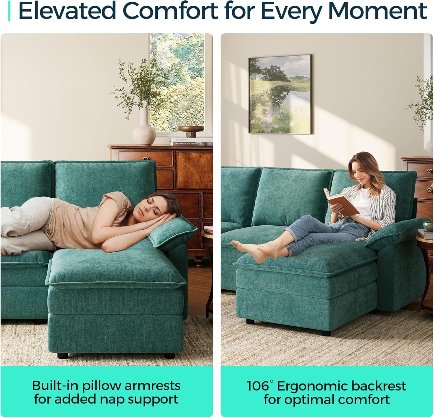 LINSY HOME Cloud Couch Modular Sectional, 115" U Shaped Sofa Couches with Double Chaise, Chenille 4 Seater Sofa Set for Living Room, Apartment, Office, Green