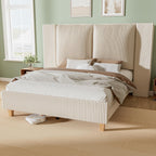 Full Upholstered Bed Frame with 51" Tall Headboard & Widened Corduroy Cushion, Easy Assembly, No Box Spring Needed, Cream