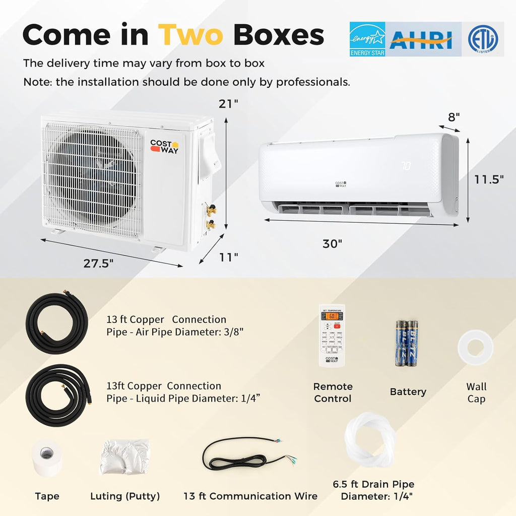 COSTWAY 12,000 BTU Mini Split Air Conditioner, with Heat Pump, Energy Star, 21 SEER2 Inverter, 24H Timer, Auto Clean, Remote Control for Rooms up to 750 Sq.Ft, 208-230V (Airtural Series)