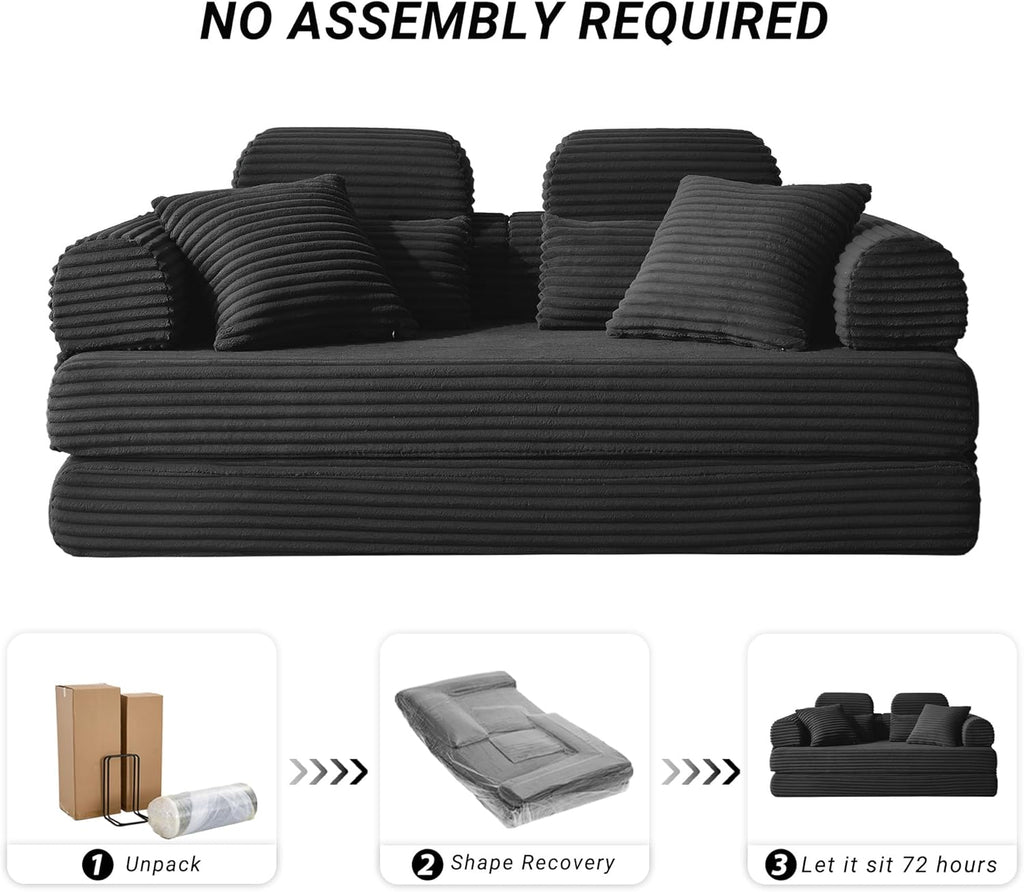 79" Boneless Couch with High Backrest Headrest, Comfy Modular Foldable Floor Sleeper Sofa, 5-in-1 Convertible Sofa Bed for Living Room, Bedroom, Lounge, Studio, Black