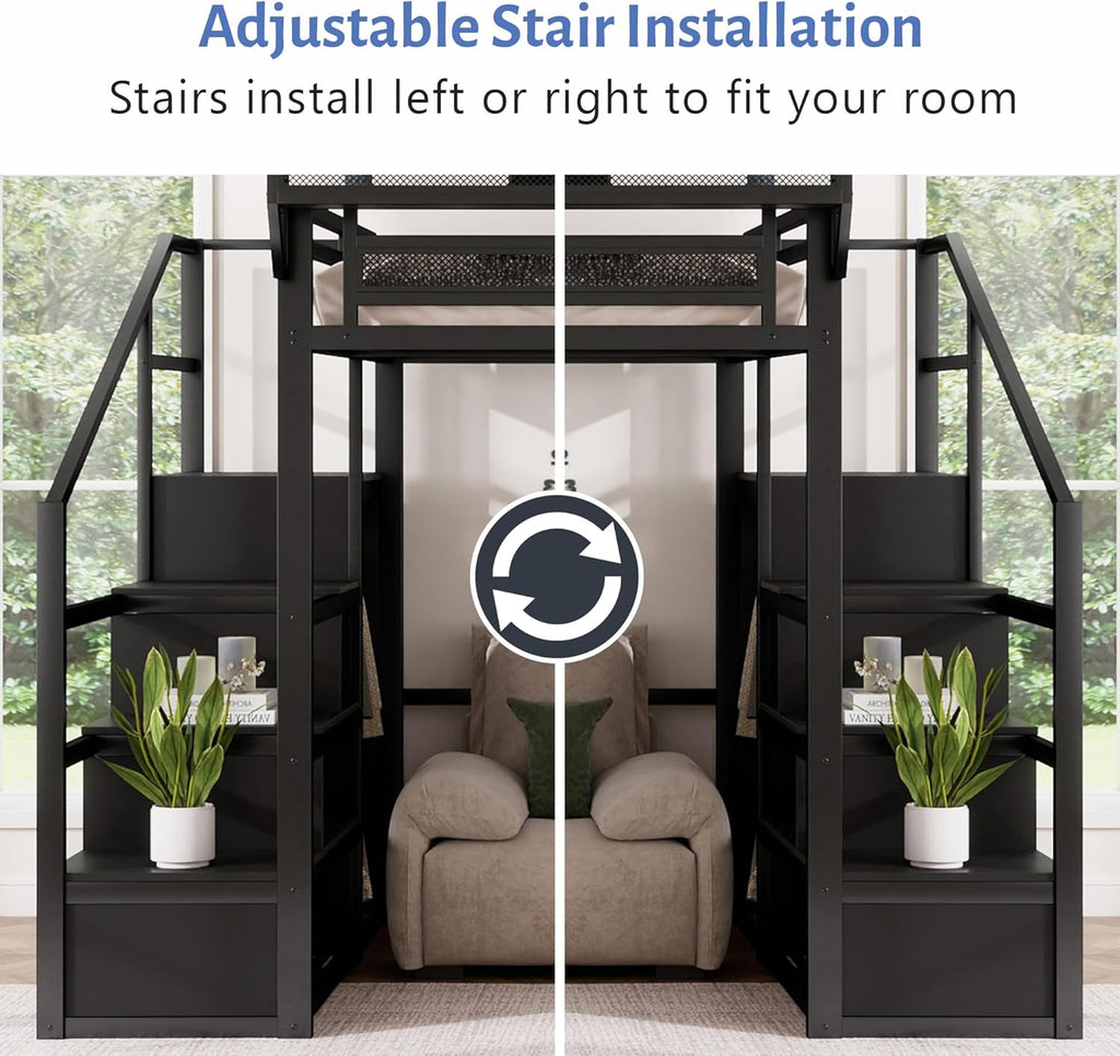 Queen Size Loft Bed with Stairs and Storage, Metal Loft Bed Frame with Bedside Shelf and Large Under-Bed Space, Heavy-Duty Loft Beds for Adults Teens and Kids, Convertible Staircase, Black