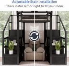Queen Size Loft Bed with Stairs and Storage, Metal Loft Bed Frame with Bedside Shelf and Large Under-Bed Space, Heavy-Duty Loft Beds for Adults Teens and Kids, Convertible Staircase, Black