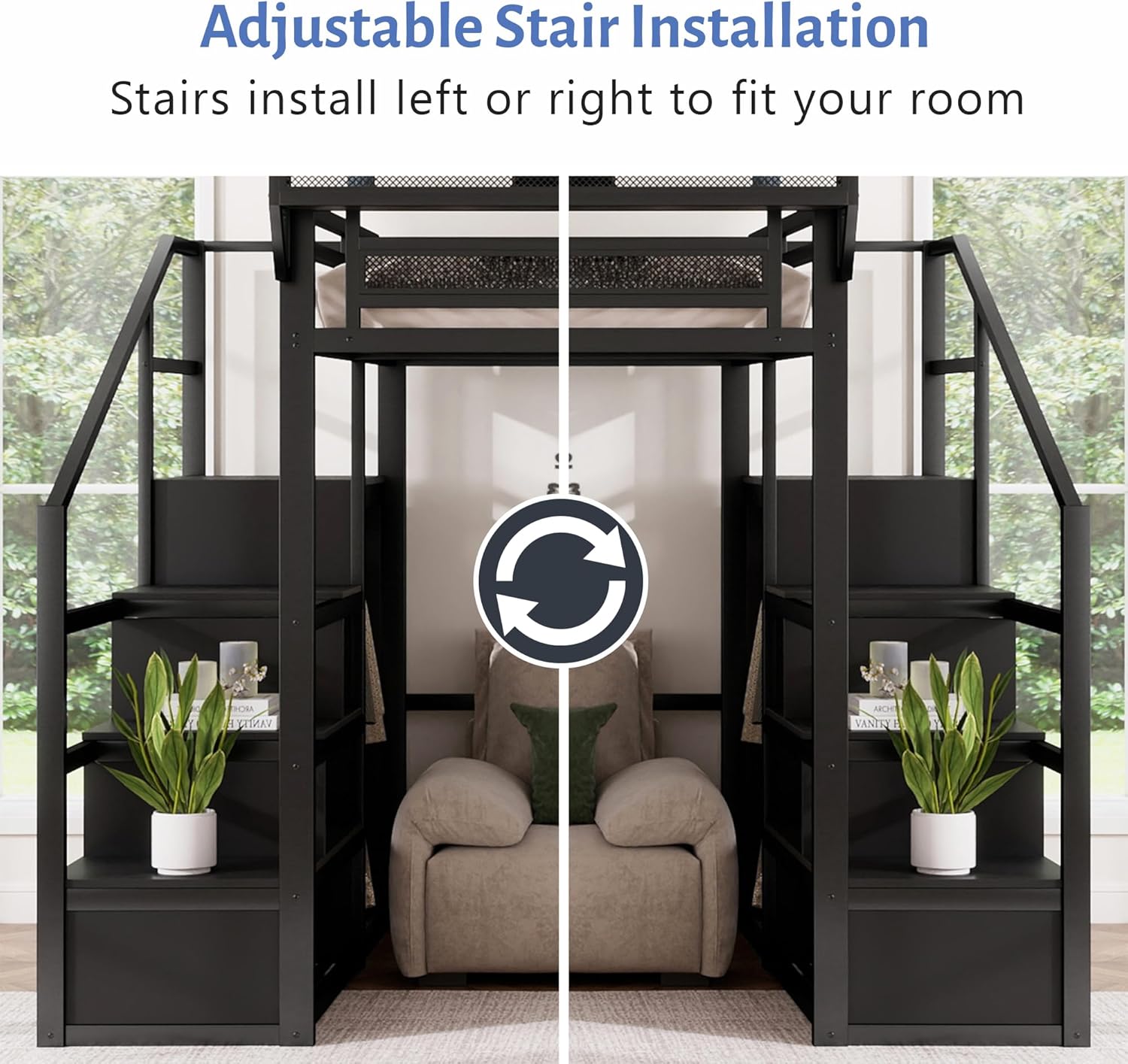 Queen Size Loft Bed with Stairs and Storage, Metal Loft Bed Frame with Bedside Shelf and Large Under-Bed Space, Heavy-Duty Loft Beds for Adults Teens and Kids, Convertible Staircase, Black