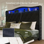 Belffin Queen Size Bed Frame and Headboard, 50.9" Velvet Upholstered Wingback Bedframe with LED Lights & Storage/Charging Station, Button Tufted Tall Footboard, No Box Spring Needed, Noise-Free, Black