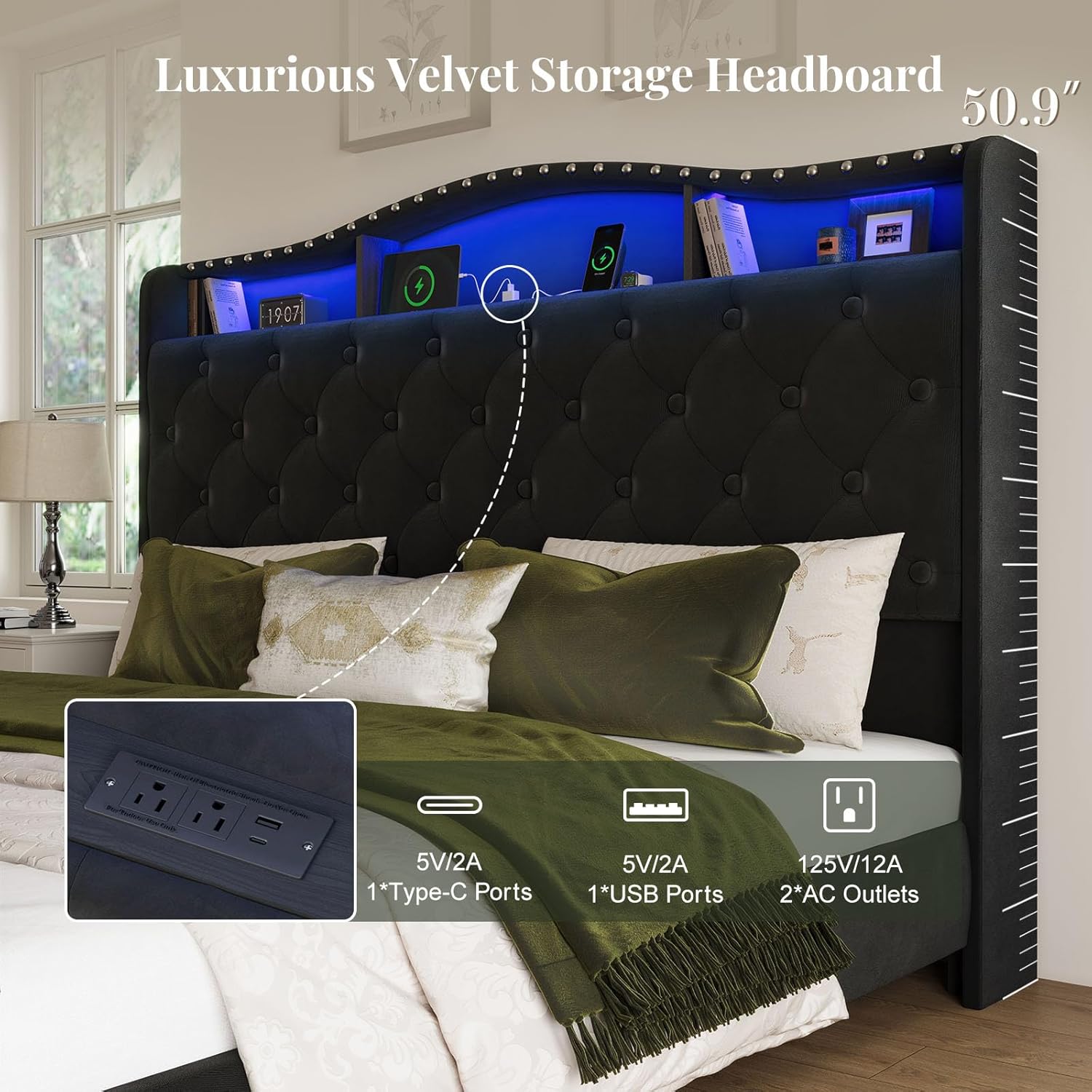Belffin Queen Size Bed Frame and Headboard, 50.9" Velvet Upholstered Wingback Bedframe with LED Lights & Storage/Charging Station, Button Tufted Tall Footboard, No Box Spring Needed, Noise-Free, Black