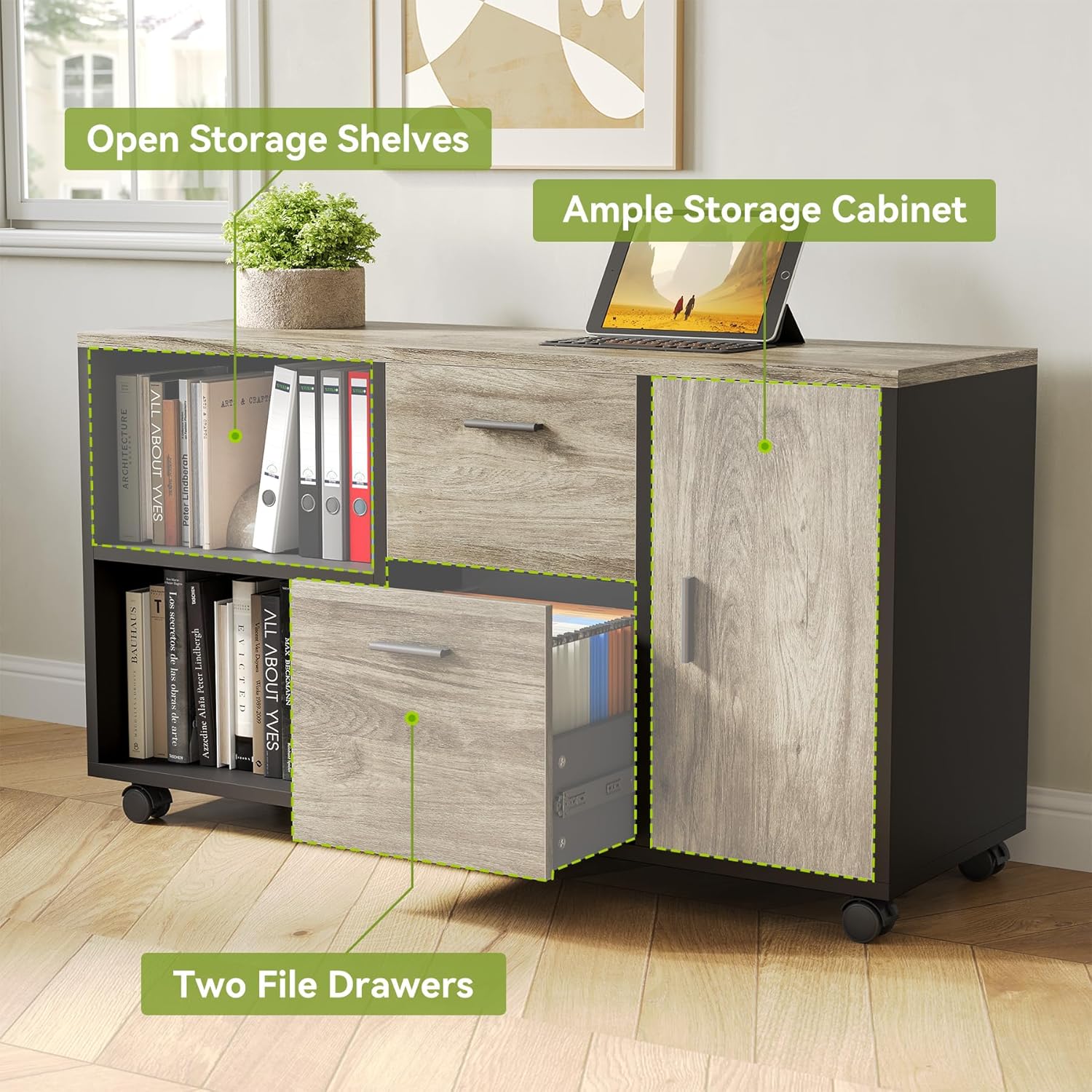 LITTLE TREE 70.8" Executive Desk with Lateral File Cabinet, Modern Thickened Wooden Workstation L-Shaped Computer Desk Large Home Office Writing Desk for Home Office