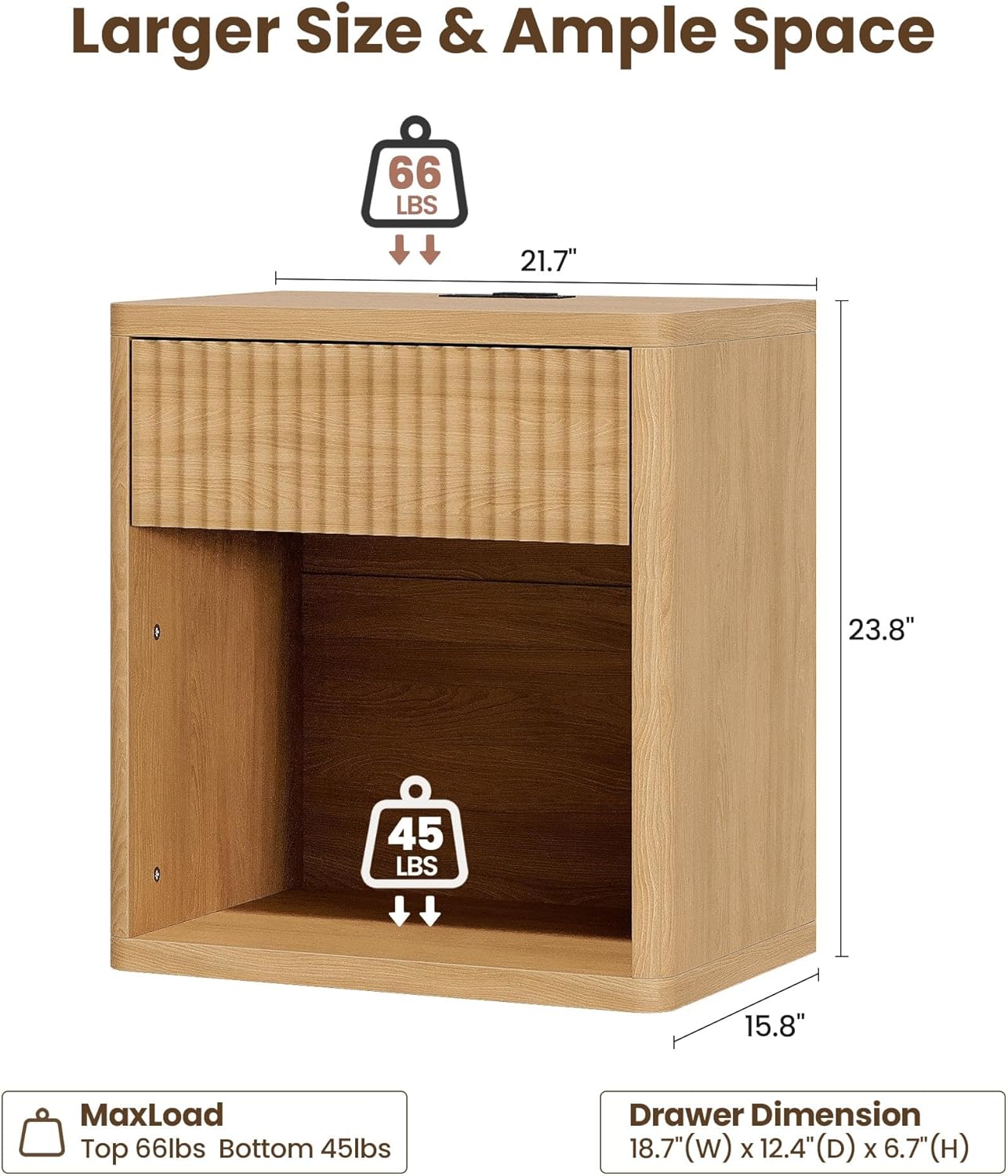 Fluted Nightstand Set of 2 with Charging Station, 21.7" Wide Modern Bedside Table with 1 Drawers Open Storage Cabinet, Wooden End Table for Bedroom, Natural Oak