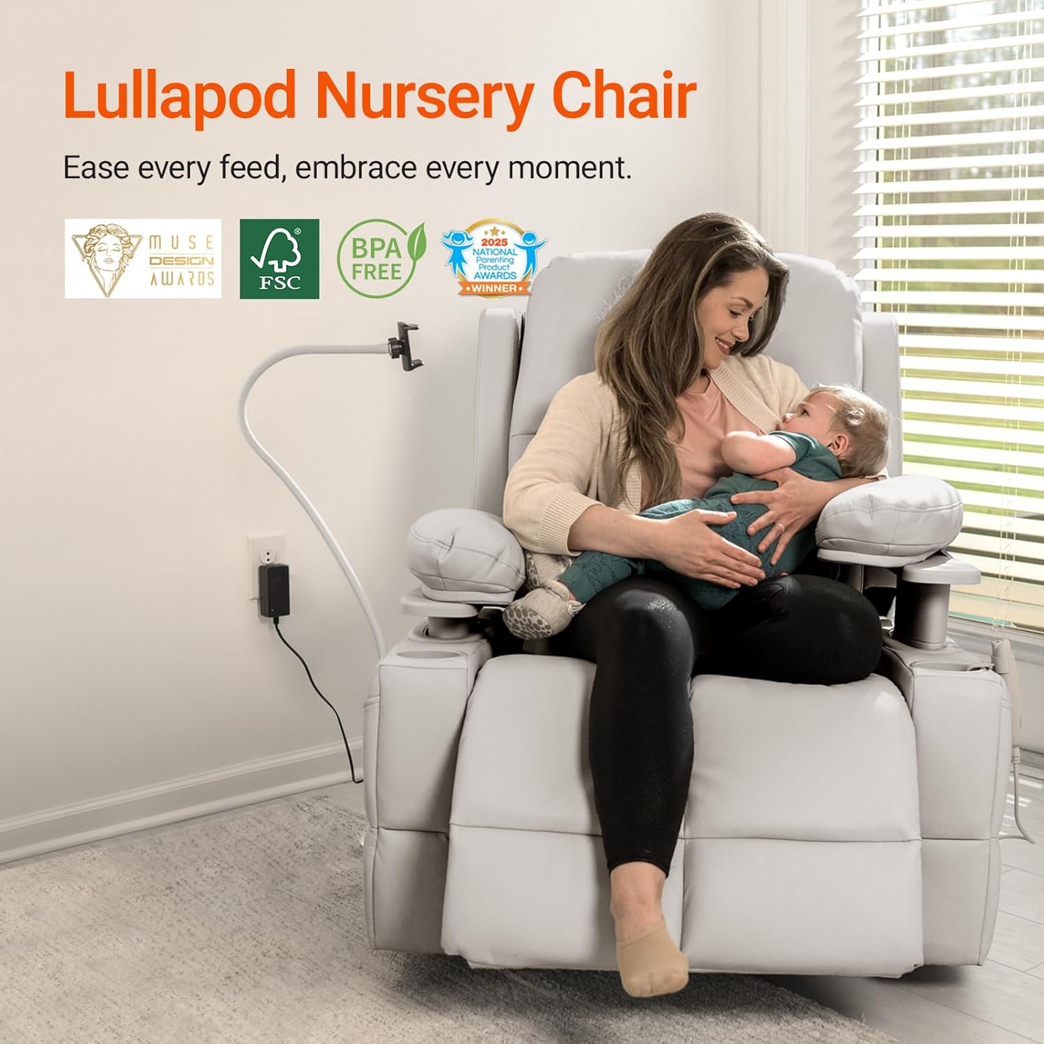 MAMAZING Lullapod Pro Oversized Rocking Chair Nursery with Adjustable Armrests, Electric Glider Nursing Chair for Breastfeeding, Power Swivel Recliner Chairs, Oeko-TEX & FSC Certified (Off White)