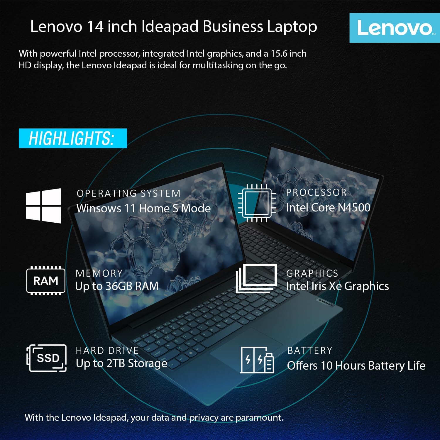 Lenovo IdeaPad Laptop with Microsoft Office  12GB RAM  1.2TB(1TB Cloud & 256GB Storage)  Intel High Performance CPU  11 Hour Battery  SD-Card Reader  Webcam + USB-C  WOWPC Recovery USB  Windows 11