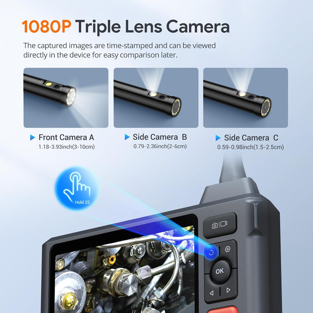 Triple Lens Endoscope Camera with Light with 50FT Semi-Rigid Cable, DEPSTECH 5" IPS Screen Sewer Inspection Camera, 1080P Industrial Borescope, Split Screen, Waterproof Drain Pipe Tool, Carrying Case