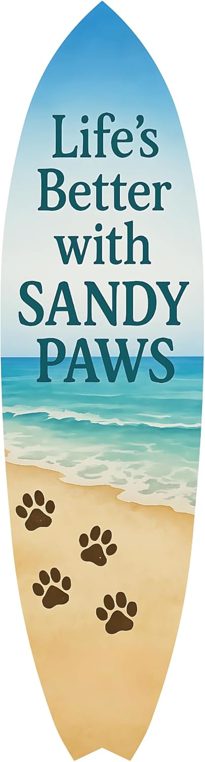 JennyGems Outdoor Decorative Surfboard Wall Art, Pet Wall Decor for Porch, Pool, Fence, PVC Beach House Decoration, Life's Better Sandy Paws, 5 foot