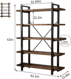 5-Tier Industrial Style Solid Wood Bookcase and Book Shelves,Rustic Wood and Metal Shelving Unit . Living Room,Modern Rustic Open Industrial Book Shelf Office,Distressed Brown (AY-02-5Tier)
