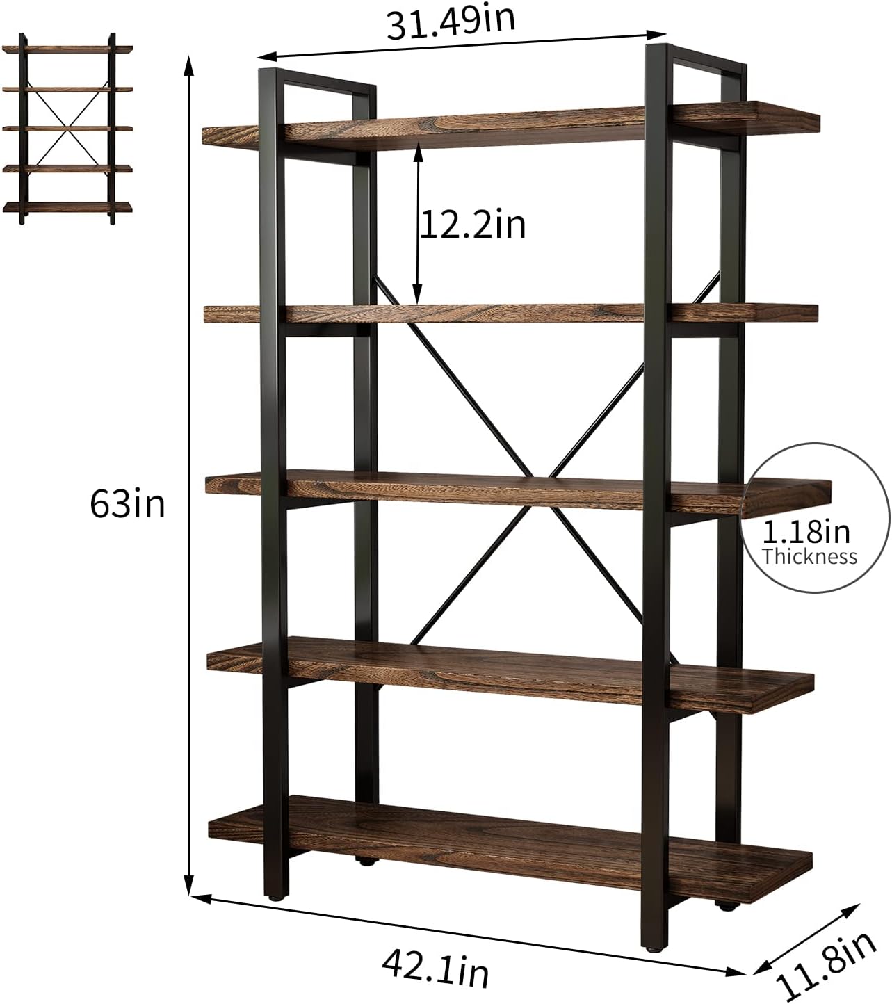 5-Tier Industrial Style Solid Wood Bookcase and Book Shelves,Rustic Wood and Metal Shelving Unit . Living Room,Modern Rustic Open Industrial Book Shelf Office,Distressed Brown (AY-02-5Tier)
