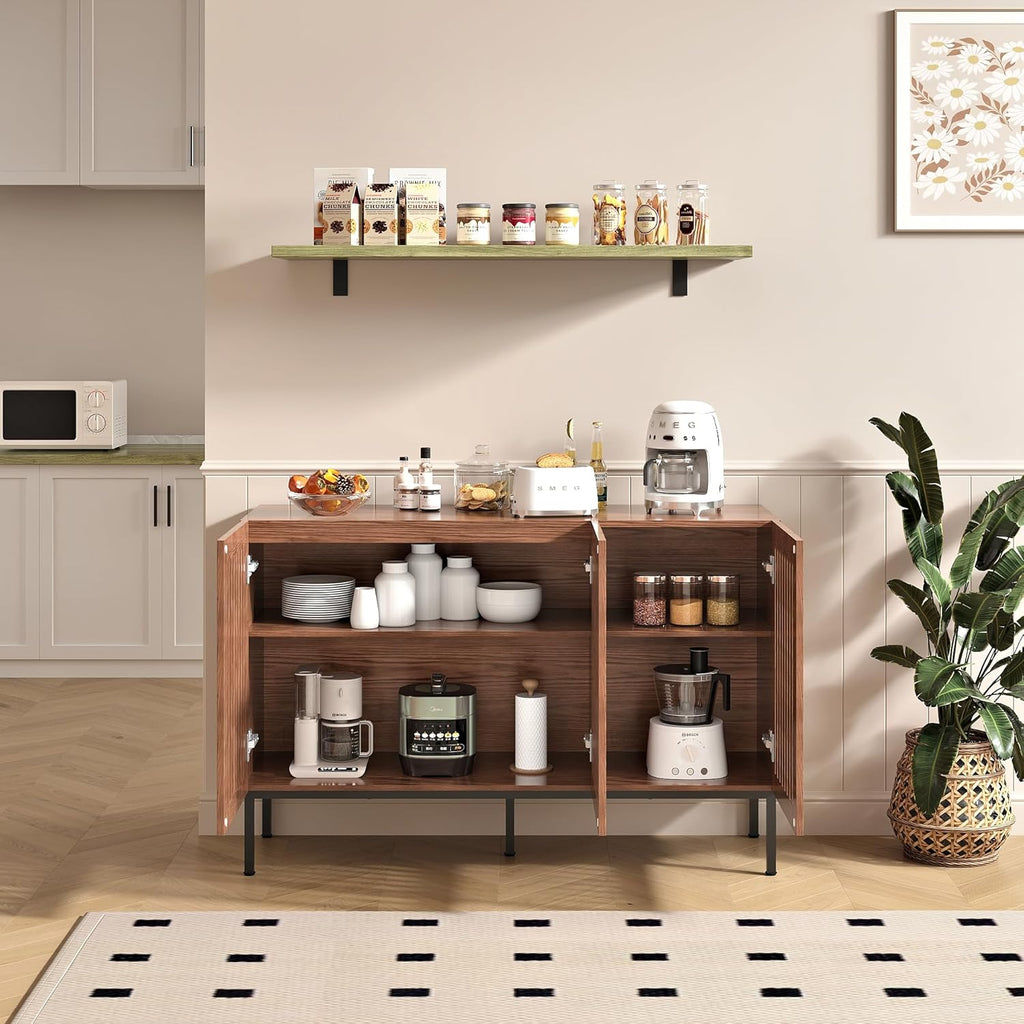 BVIUNTWO Buffet Cabinet, Modern Credenza Storage Cabinet with Adjustable Shelves and Metal Base, 47 Inch Wood Multifunctional Console Table for Kitchen, Living Room, Entryway, Brown