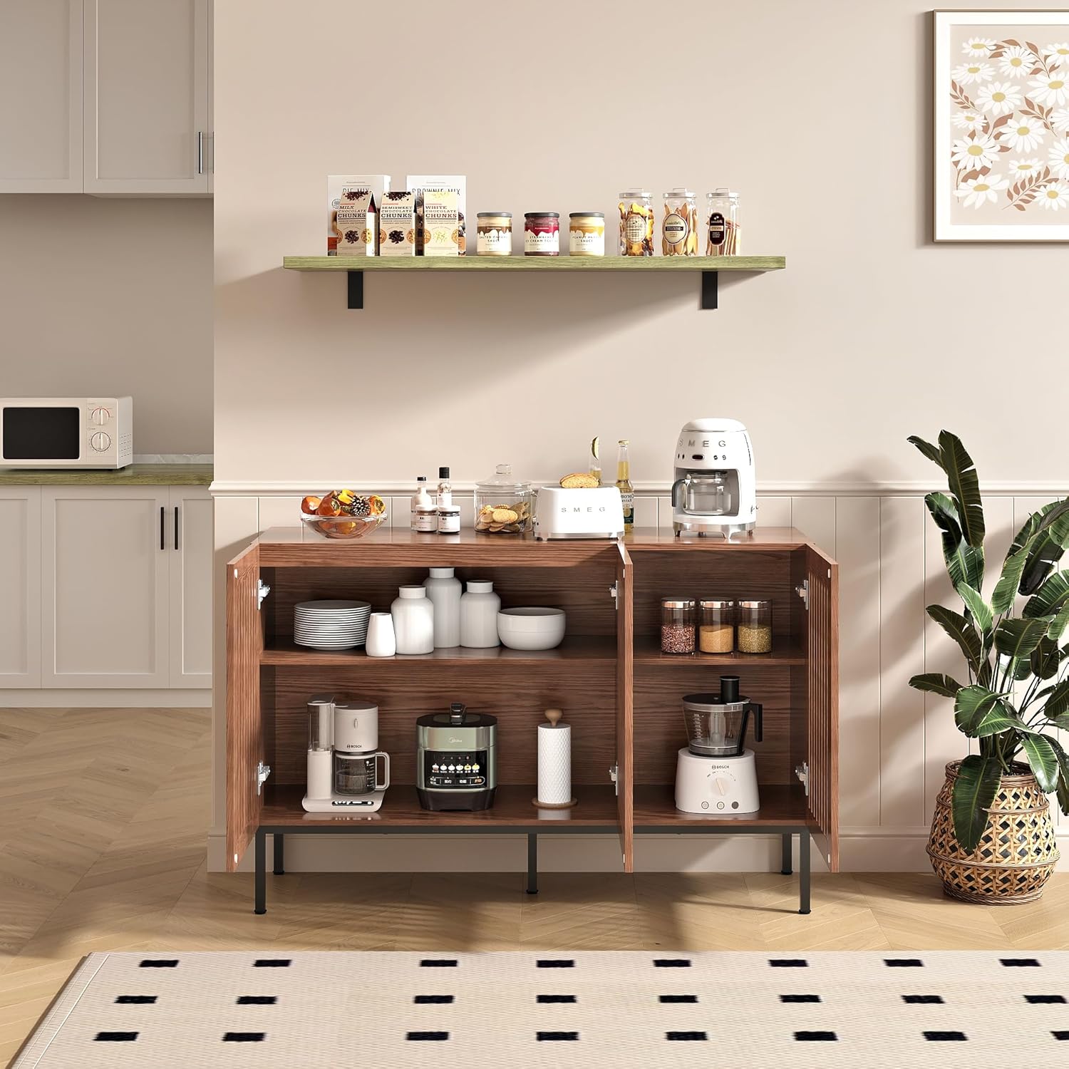 BVIUNTWO Buffet Cabinet, Modern Credenza Storage Cabinet with Adjustable Shelves and Metal Base, 47 Inch Wood Multifunctional Console Table for Kitchen, Living Room, Entryway, Brown