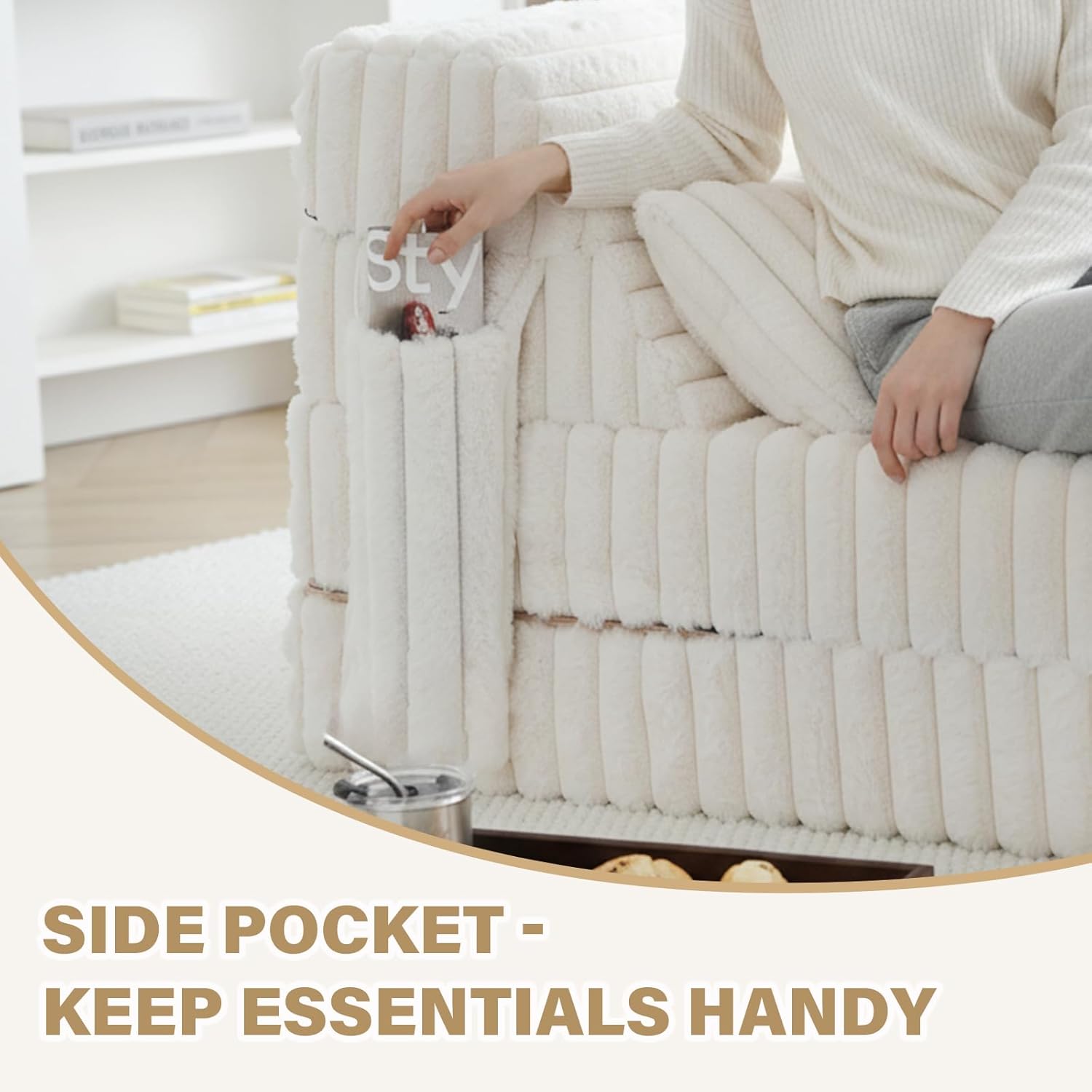 Tiita Folding Sofa Bed Twin Size, Convertible Sleeper Chair Mattress with Pillow, Thick Corduroy Floor Mattress Couch Bed with Side Pocket, Guest Room, Dorm, Apartment, Beige