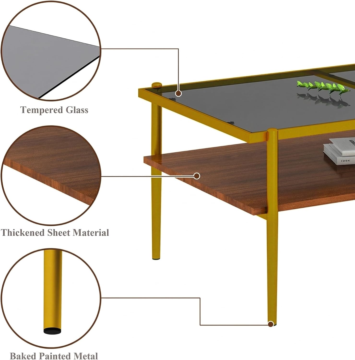 Casaphoria Rectangle Coffee Table with Gray Tempered Glass Top, 2-Tier Modern Center Cocktail Table with Golden Metal Legs and Wooden MDF Storage Shelf for Living Room, 38 Inch, 220 LBS Capacit