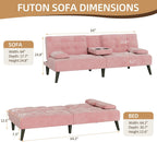 Shintenchi Futon Sofa Bed, Velvet Foldable Couch, Reclining Sleeper with Removable Armrests, Upholstered Loveseat Sofa Couch with Folding Cup Holders for Home, Office, Pink